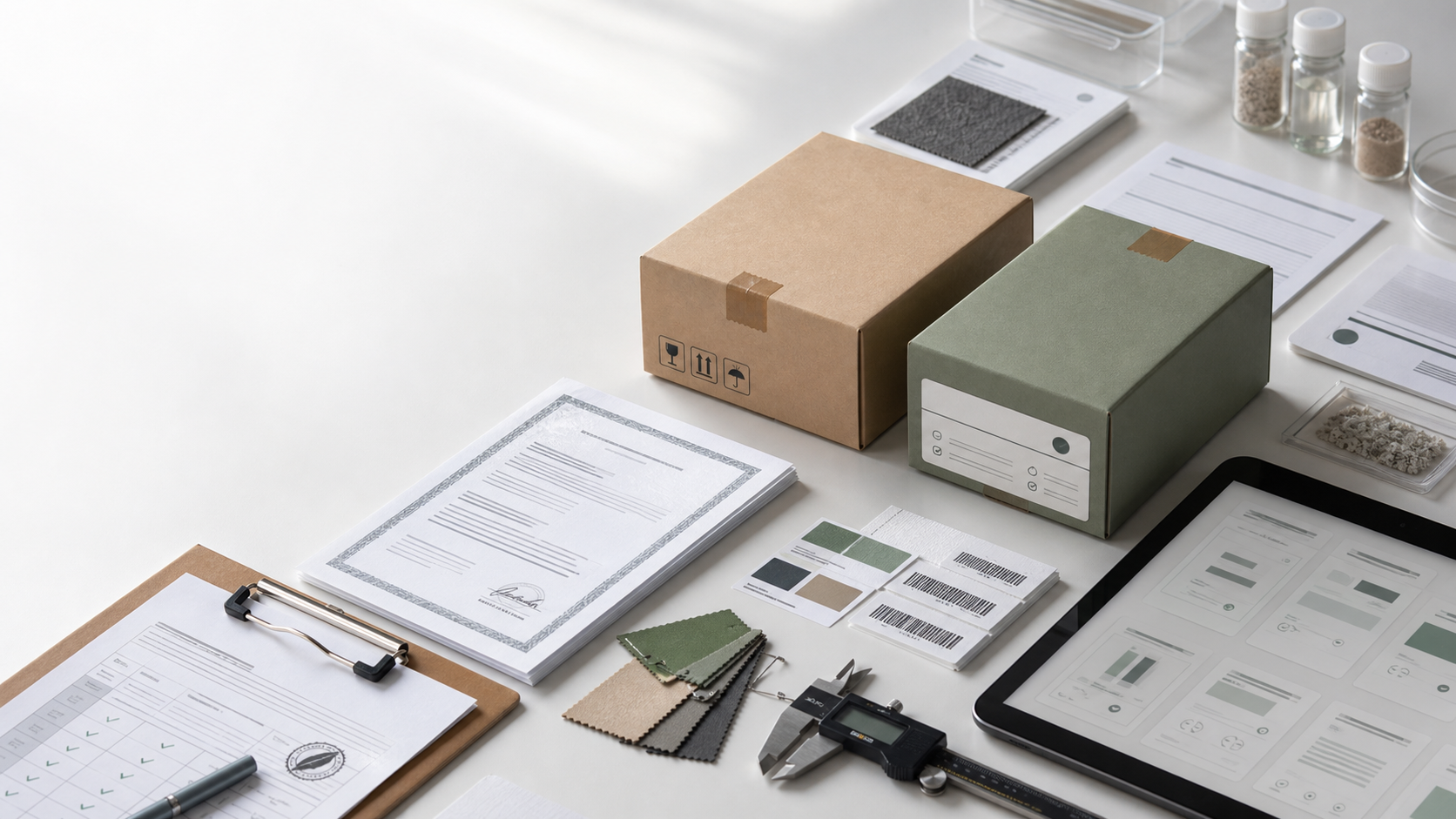Organized product packages, certificates, material samples and compliance review tools